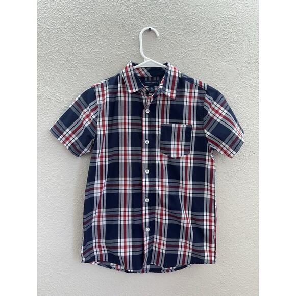 French Toast Childrens Boys Shirt Size 12 Navy Blue Plaid Button Up Short Sleeve - Picture 1 of 9